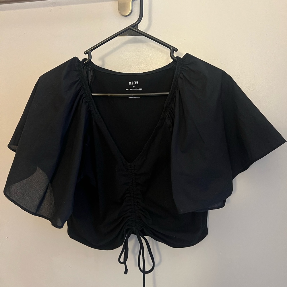 Anthropologie (Maeve) Black Crop Top with Flutter Sleeves and tie cinch - Picture 5 of 6
